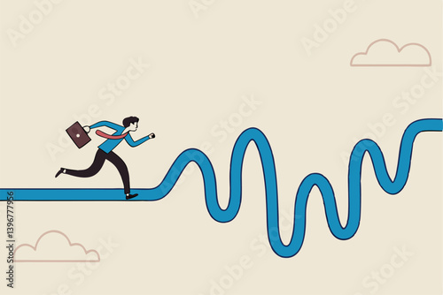 Rough road ahead, obstacle or tough situation to overcome, risk and uncertain, difficulty or problem solving, journey or effort to success concept, businessman run to new challenge rough road ahead.