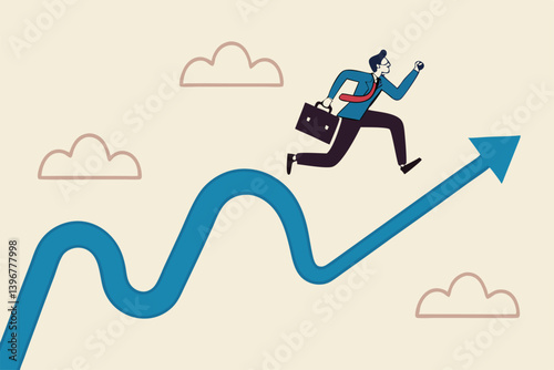 Rough road ahead, obstacle or tough situation to overcome, risk and uncertain, difficulty or problem solving, journey or effort to success concept, businessman run to new challenge rough road ahead.
