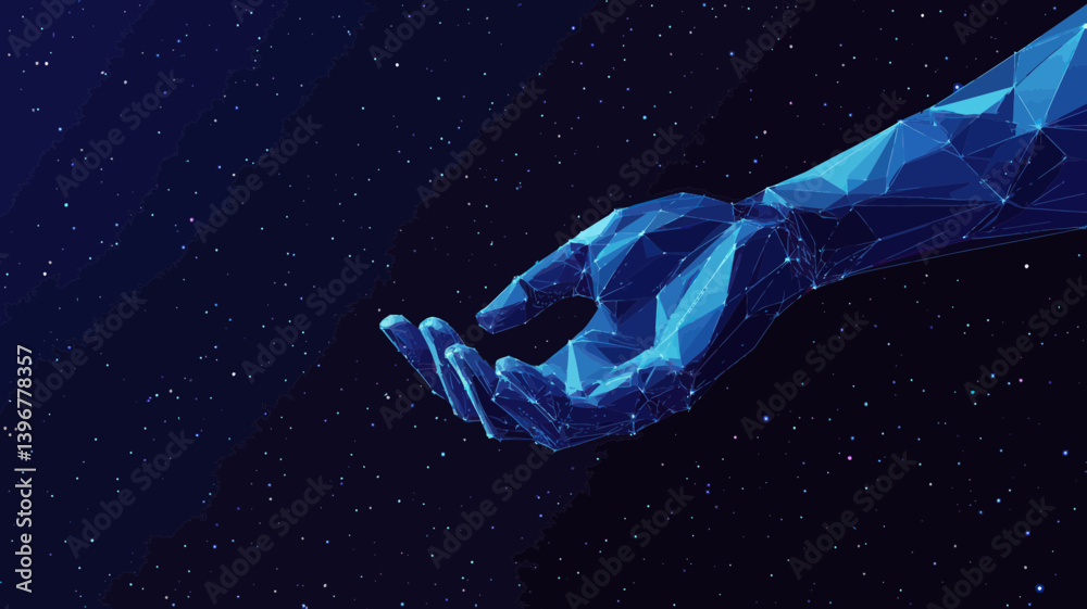Naklejka premium Futuristic Polygonal Robot and Human Hand Interaction in Space - Low Poly Blue Tech Concept Illustration for Technology and Health Integration