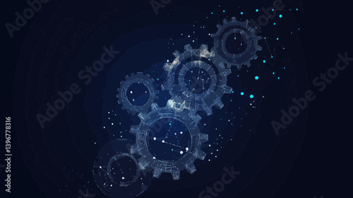 Low Poly Mechanical Gears with Starry Sky Background - Futuristic Technology Engineering Concept Vector Illustration