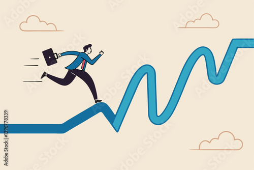 Rough road ahead, obstacle or tough situation to overcome, risk and uncertain, difficulty or problem solving, journey or effort to success concept, businessman run to new challenge rough road ahead.