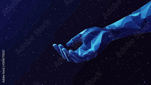 Futuristic Polygonal Robot and Human Hand Interaction in Space - Low Poly Blue Tech Concept Illustration for Technology and Health Integration