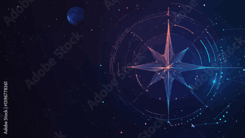 Abstract Starry Compass Rose in a Cosmic Universe, Vector Minimalist Wireframe Concept with Planets and Stars, Navigational Theme for Business and Science