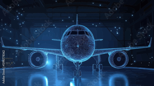 Digital Wireframe of Airplane in Hangar, Aircraft Maintenance Concept, Polygonal 3D Mesh, Abstract Vector Illustration, Front View, Starry Sky Style