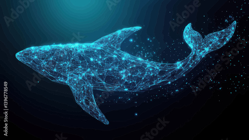 Low Poly Blue Whale in Starry Sky, Marine Animal Composed of Polygonal Lines, Dots and Shapes, Digital Wireframe Light Connection Structure, Minimalist SVG Vector Illustration