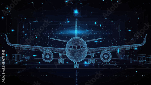 Polygonal 3D Wireframe Airplane in Hangar for Aircraft Maintenance Concept in Dark Blue, Digital Vector Mesh for Aviation Repair, Service, and Technology