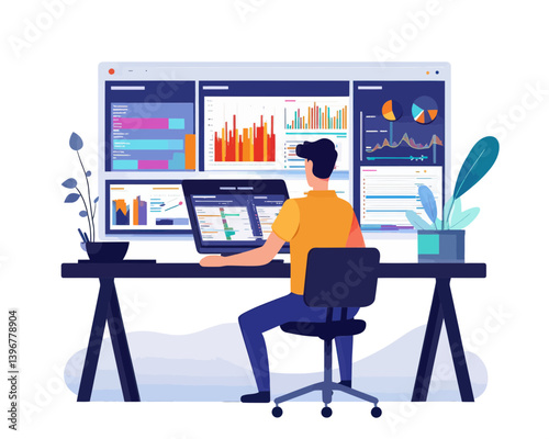 Smart Businessman Managing Multiple Project Dashboards, Strategic Planning, Resource Management, Task Completion, Workflow Scheduling, Flat Minimalist Vector Illustration