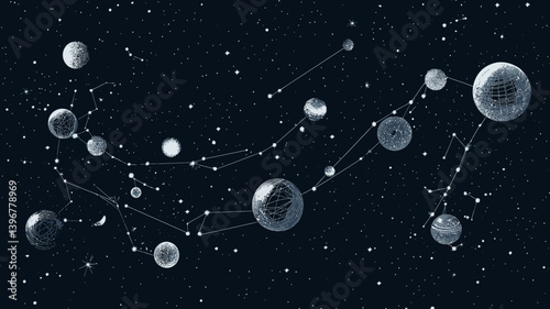 Abstract Chain Links Wireframe in Starry Universe, Low Poly Space Concept with Points, Lines, and Planet Shapes, Minimalist Vector Art for Technology and Science Themes