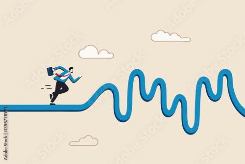 Rough road ahead, obstacle or tough situation to overcome, risk and uncertain, difficulty or problem solving, journey or effort to success concept, businessman run to new challenge rough road ahead.