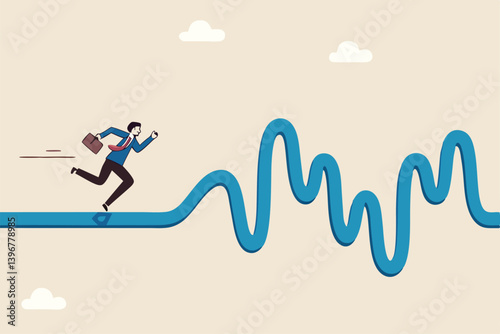 Rough road ahead, obstacle or tough situation to overcome, risk and uncertain, difficulty or problem solving, journey or effort to success concept, businessman run to new challenge rough road ahead.