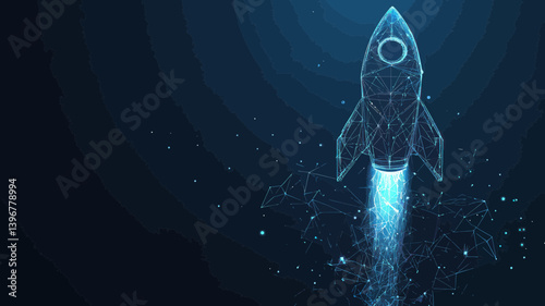 Abstract Rocket Launch Digital Spaceship Outer Space Business Development Boosting Concept Low Poly Wireframe Technological Blue Background Polygonal Banner Flat Minimalist SVG Vector