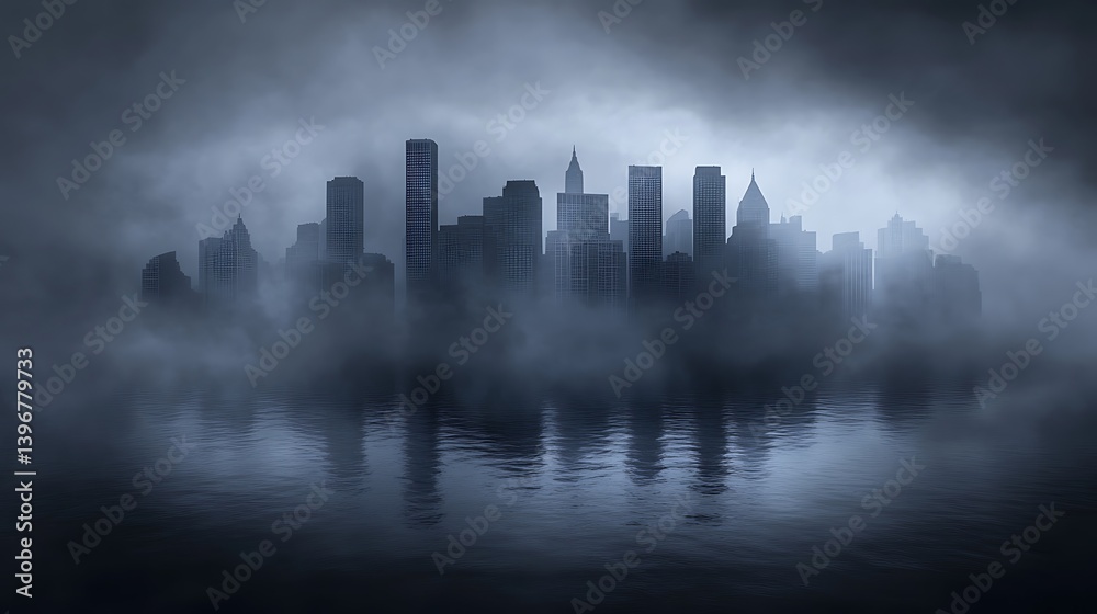 Fototapeta premium Dark and Mysterious City Skyline Reflected in Water with Fog Rolling In at Dusk
