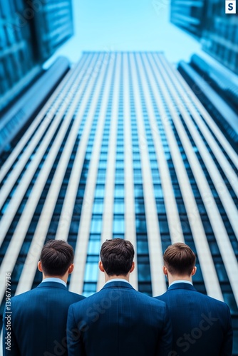 Obraz na płótnie Three professionals stand before a towering skyscraper, symbolizing ambition and teamwork in the corporate world w salonie