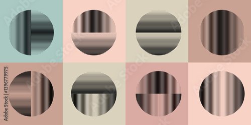 Modern artistic layout set with semicircle design elements . Many lines form half circles in art style . Wall art , home poster design . Vector abstract shape. Modern art . Contemporary composition . 