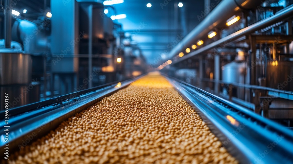 Amidst the twilight, a state-of-the-art soybean processing plant buzzes with activity. Conveyors transport golden soybeans for sorting and refinement, illuminating the industrial space