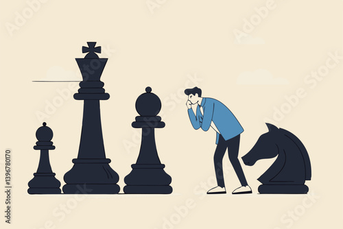 Strategic thinking to win business competition, marketing strategy or planning to make decisions, challenge or problem solving concept, contemplation businessman thinking with chess pieces.
