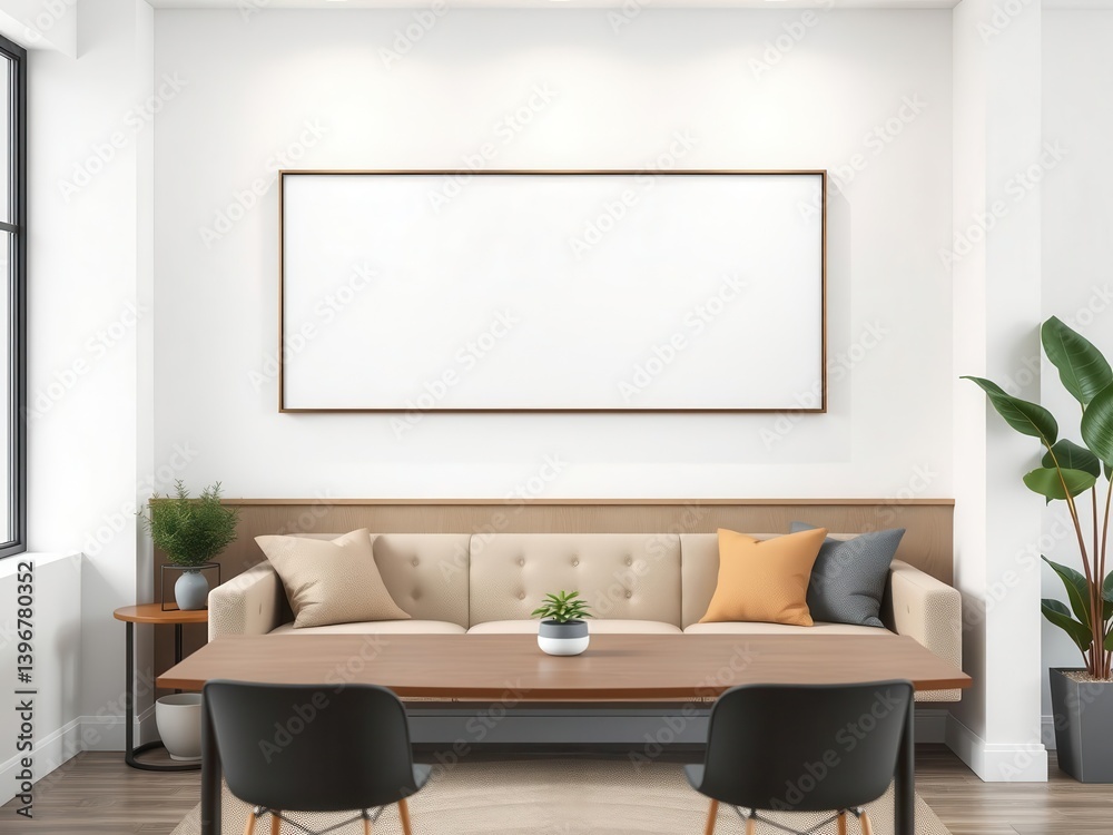 A professional office setting with a mockup of wall art featuring a canvas print, creating a clean and modern aesthetic, minimalist, mockup, professional A professional office setting with a mockup of wall art featuring a canvas print, creating a clean and modern aesthetic, minimalist, mockup, professional