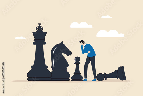 Strategic thinking to win business competition, marketing strategy or planning to make decisions, challenge or problem solving concept, contemplation businessman thinking with chess pieces.