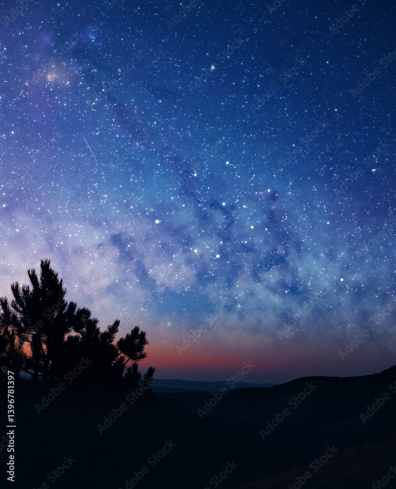 Milky way stars and constellations with a landscape silhouettes background.