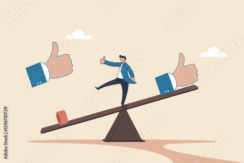 Demerit and merit evaluation, advantage and disadvantage in comparison, performance assessment, manager evaluation, judgment concept, businessman balance on seesaw with thumb up and thumb down.