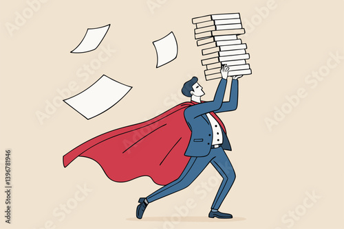Handle busy work, manage workload or complete multitasks within deadline, organize paperwork or documents, effective or productive concept, businessman superhero carry load of paperwork documents.