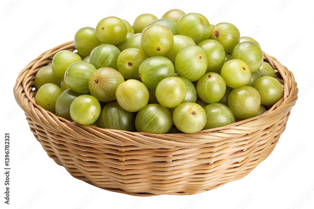 A wicker basket overflowing with fresh green gooseberries A wicker basket overflowing with fresh green gooseberries