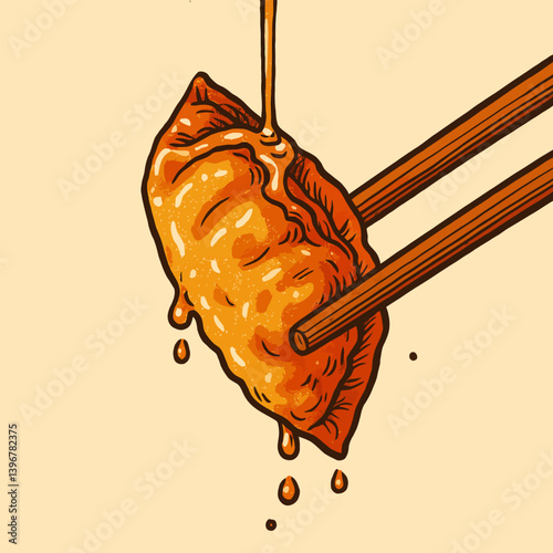 Dumpling with Sauce Drizzling Being Held by Chopsticks Food Illustration