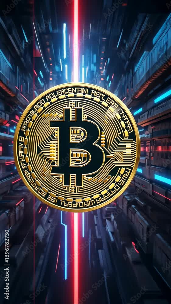 Golden bitcoin hovering in a futuristic corridor with neon lights showcasing innovation and digital currency in finance technology