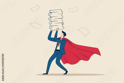 Handle busy work, manage workload or complete multitasks within deadline, organize paperwork or documents, effective or productive concept, businessman superhero carry load of paperwork documents.