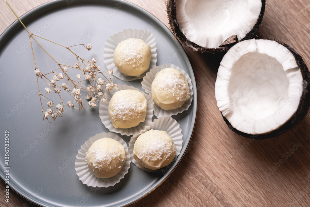 Coconut White Chocolate Truffles cafe desert on table. Coconut White Chocolate Truffles cafe desert on table.
