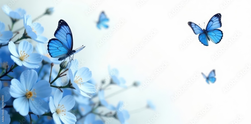 Delicate blue blossoms & butterflies flutter on pristine white , photography, wallpaper, botanical Delicate blue blossoms & butterflies flutter on pristine white , photography, wallpaper, botanical