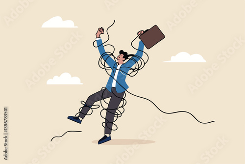 Tangle problem or failure, difficulty or overwhelmed, messy or tangled, complicate problem or trouble, busy job or mess, suffering or struggle, frustrated businessman with tangled messy rope around.