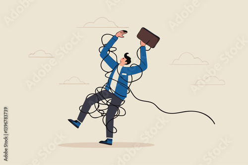 Tangle problem or failure, difficulty or overwhelmed, messy or tangled, complicate problem or trouble, busy job or mess, suffering or struggle, frustrated businessman with tangled messy rope around.