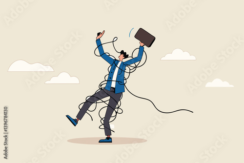 Tangle problem or failure, difficulty or overwhelmed, messy or tangled, complicate problem or trouble, busy job or mess, suffering or struggle, frustrated businessman with tangled messy rope around.