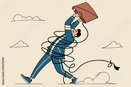 Tangle problem or failure, difficulty or overwhelmed, messy or tangled, complicate problem or trouble, busy job or mess, suffering or struggle, frustrated businessman with tangled messy rope around.