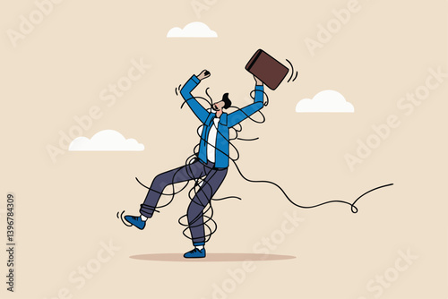 Tangle problem or failure, difficulty or overwhelmed, messy or tangled, complicate problem or trouble, busy job or mess, suffering or struggle, frustrated businessman with tangled messy rope around.