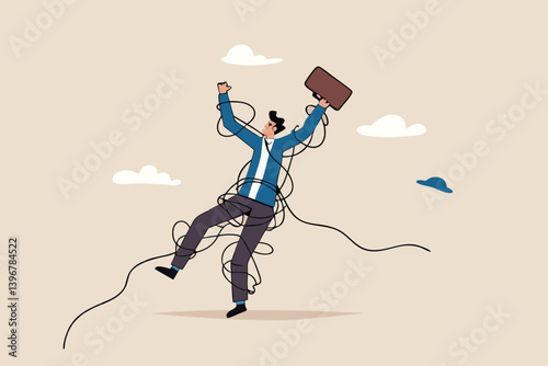 Tangle problem or failure, difficulty or overwhelmed, messy or tangled, complicate problem or trouble, busy job or mess, suffering or struggle, frustrated businessman with tangled messy rope around.