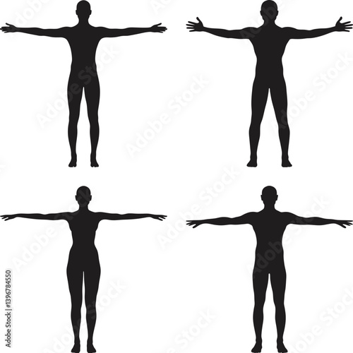 Human Body Silhouette Collection With Arms Outstretched On White Background