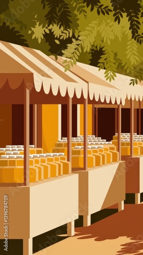 Colorful market stalls with jars of honey under a sunny sky