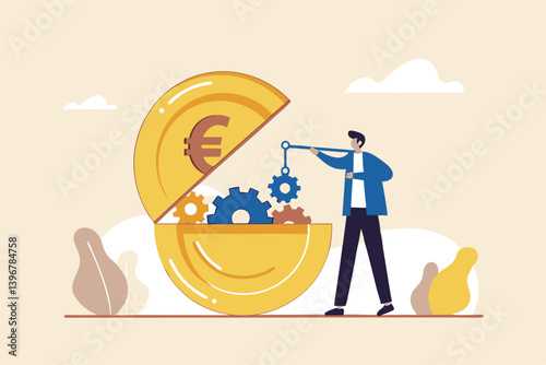 Euro monetary policy, central bank or government to manage EU or European financial or economic, inflation and interest rate policy concept, businessman put oil lubricate into open Euro money coin.