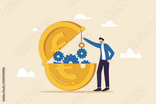Euro monetary policy, central bank or government to manage EU or European financial or economic, inflation and interest rate policy concept, businessman put oil lubricate into open Euro money coin.