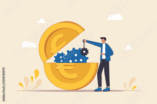 Euro monetary policy, central bank or government to manage EU or European financial or economic, inflation and interest rate policy concept, businessman put oil lubricate into open Euro money coin.