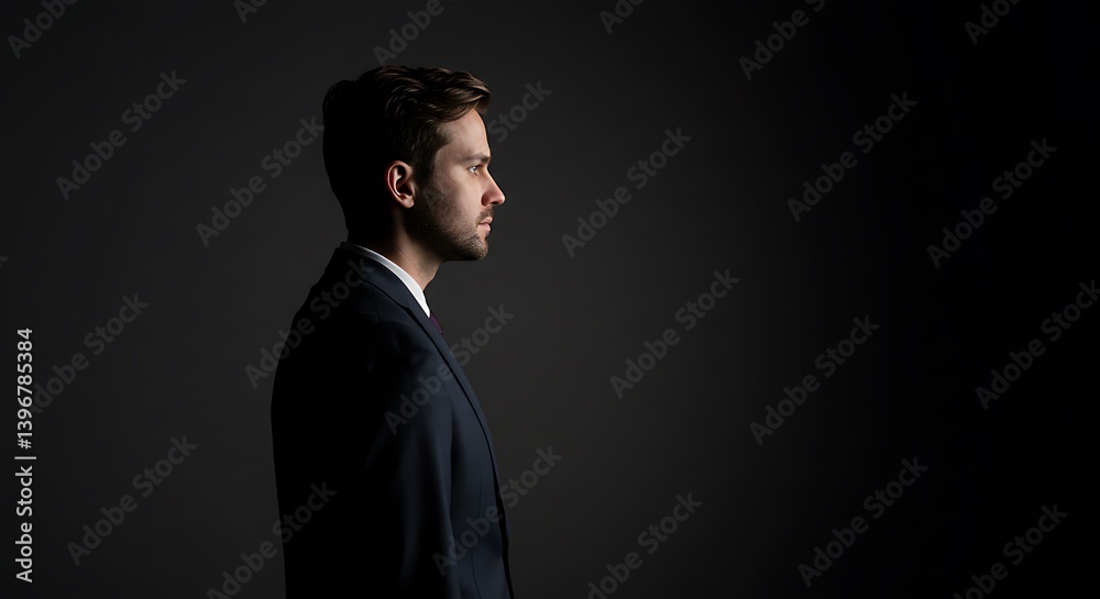 Profile of a Man in a Suit A man in a dark suit is shown in profile against a dark background, conveying a sense of seriousness and professionalism. Profile of a Man in a Suit A man in a dark suit is shown in profile against a dark background, conveying a sense of seriousness and professionalism.