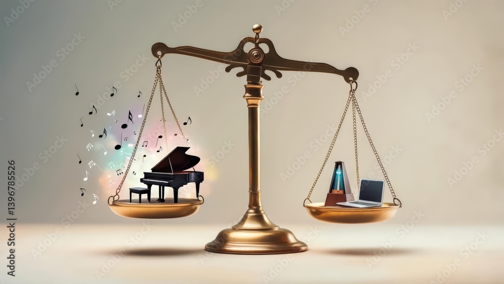 Golden balance scale comparing creativity and technology with a piano and musical notes on one side and a laptop with a metronome on the other Golden balance scale comparing creativity and technology with a piano and musical notes on one side and a laptop with a metronome on the other