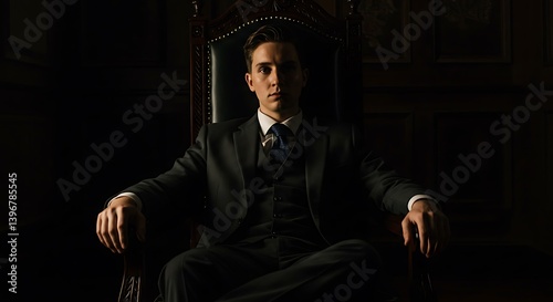 Confident Businessman  A man in a sharp suit sits confidently in a dark room, exuding authority and determination.