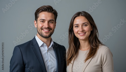 Smiling Man And Woman In Professional Attire Against Gray Studio