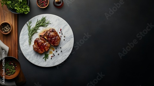 Charred lamb chop garnished with rosemary and pink peppercorns rests on a marble platter alongside a bowl of aged balsamic vinegar, highlighting its texture