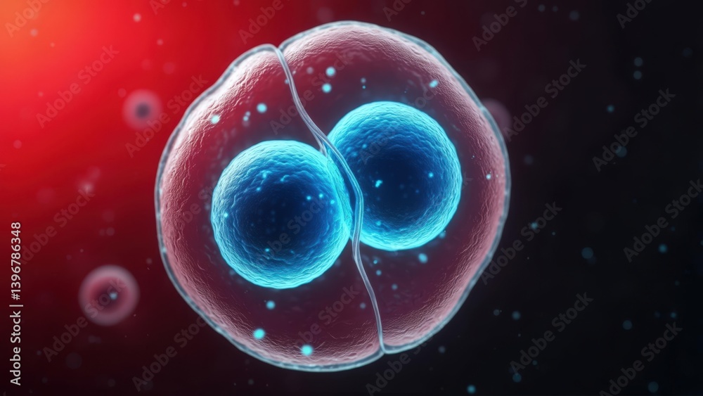 Fototapeta premium Stem cell division showing mitosis process with two blue nuclei inside a transparent cell membrane on a red and black background