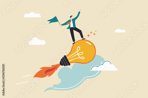 Success business idea, innovation or invention to reach goal, entrepreneur start new business, solution or career achievement concept, businessman holding winner flag riding flying lightbulb idea.