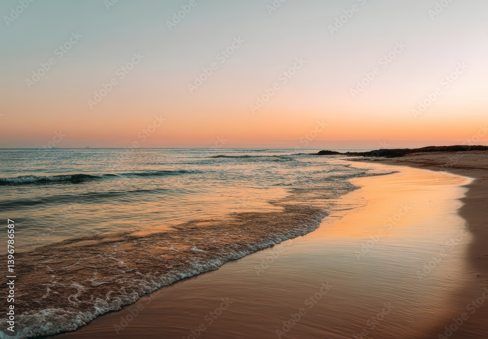 Obraz premium Serene sunset over a tranquil beach with soft waves and golden reflections.